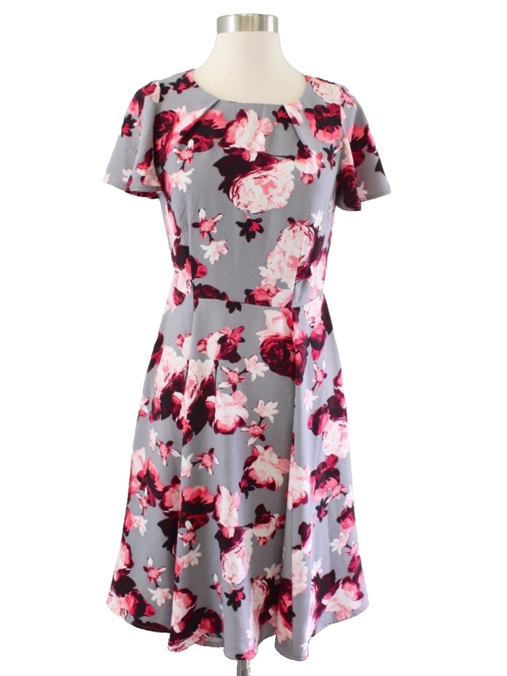 New York & Company Gray Midi Dress with Pink Floral Print